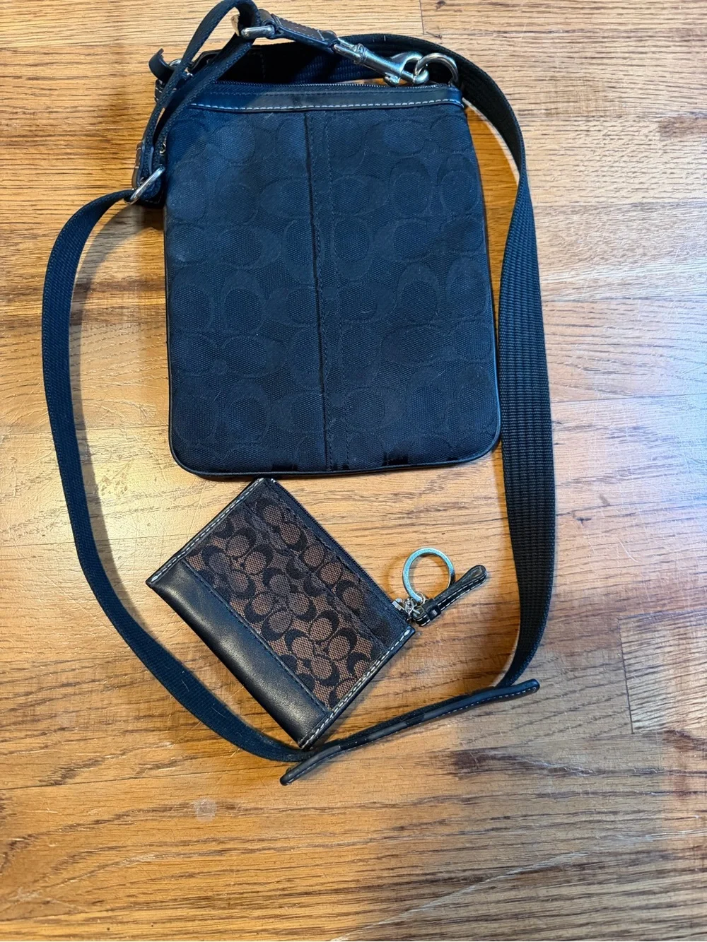 Coach Black Signature Crossbody Pouch with Leather Stripe